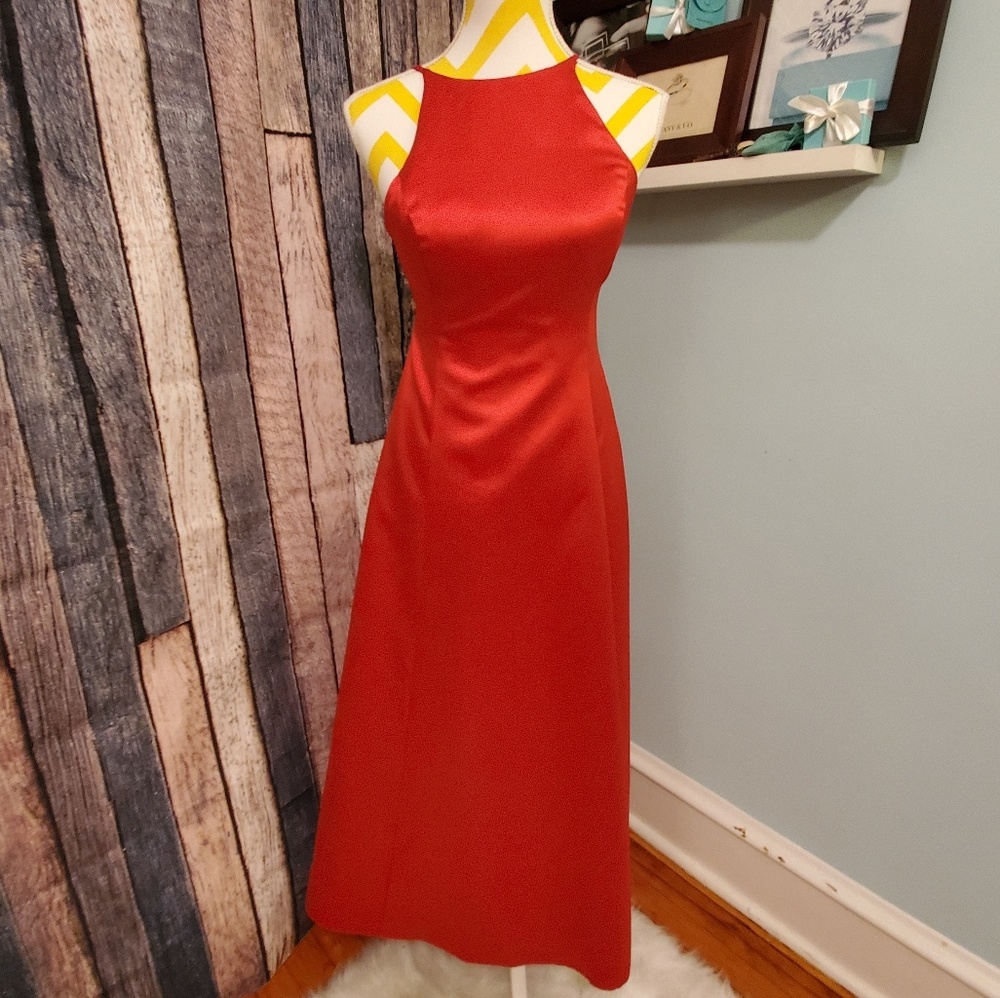 Red satiny prom dress w/lacy cutout back size S
